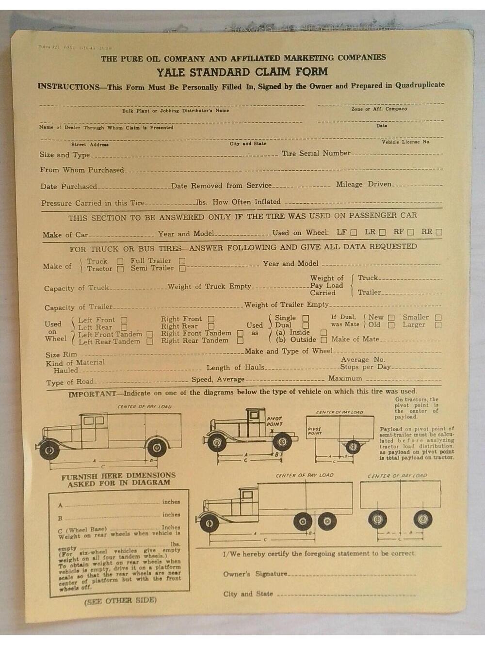 Vintage 1940s-50s Pure Oil Co. Yale Standard Tire Claim Form Ephemera Auto Paper